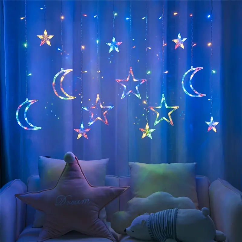 Christmas Moon Star Holiday Curtain Lights 138 LED (Solar/Mains) (Colour)