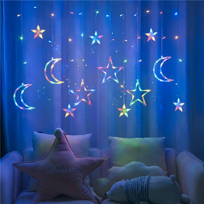 Christmas Moon Star Holiday Curtain Lights 138 LED (Solar/Mains) (Colour)