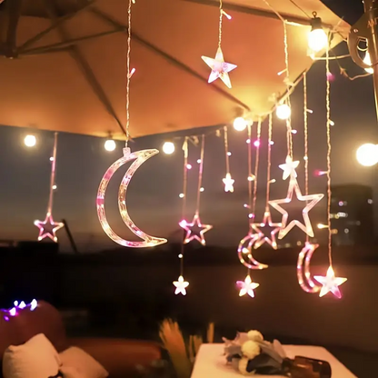 Christmas Moon Star Holiday Curtain Lights 138 LED (Solar/Mains) (Colour)