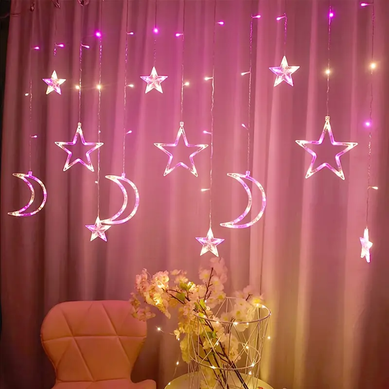 Christmas Moon Star Holiday Curtain Lights 138 LED (Solar/Mains) (Colour)