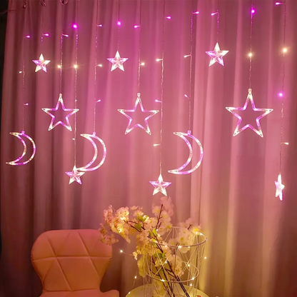 Christmas Moon Star Holiday Curtain Lights 138 LED (Solar/Mains) (Colour)