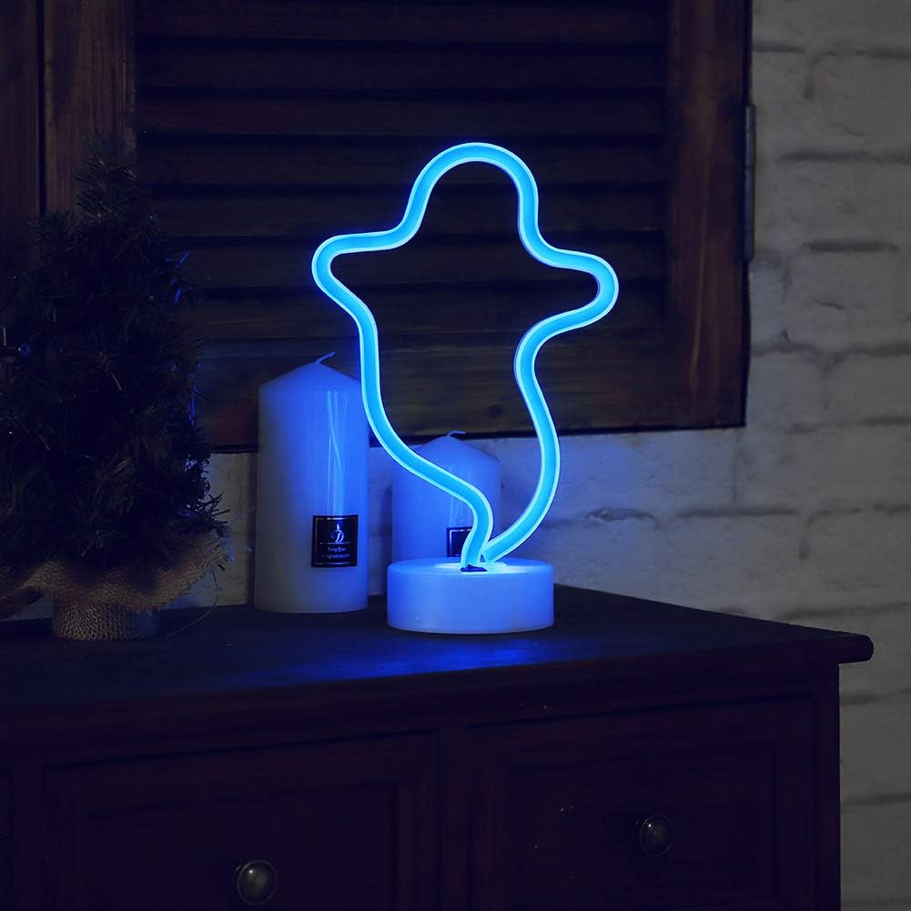 Halloween Ghost Shaped Neon Light with Stand Base (Blue) (USB+Battery)