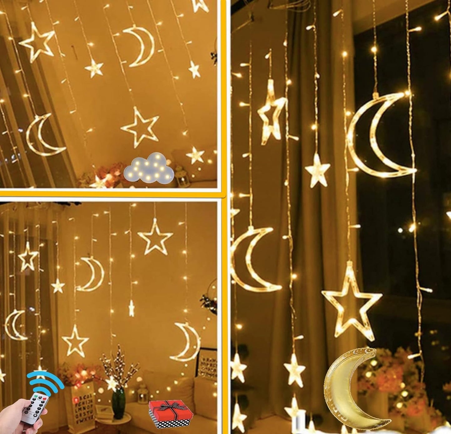 Christmas Moon Star Holiday Curtain Lights 138 LED (Solar/Mains/USB) (Warm White)