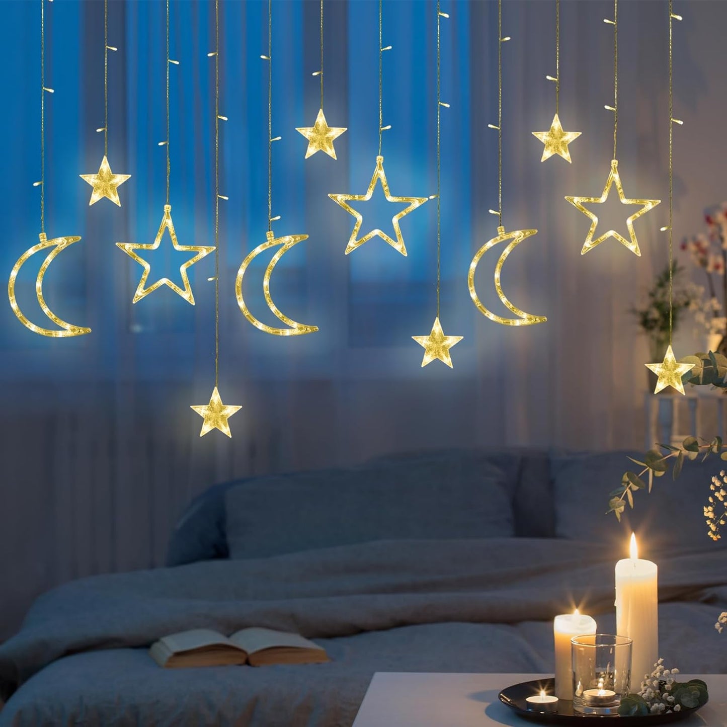 Christmas Moon Star Holiday Curtain Lights 138 LED (Solar/Mains/USB) (Warm White)