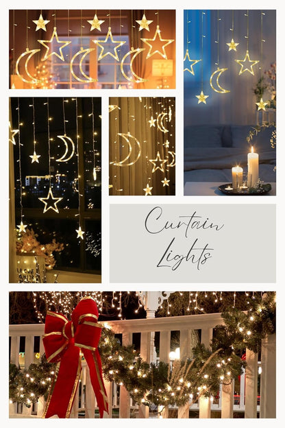 Christmas Moon Star Holiday Curtain Lights 138 LED (Solar/Mains) (Colour)