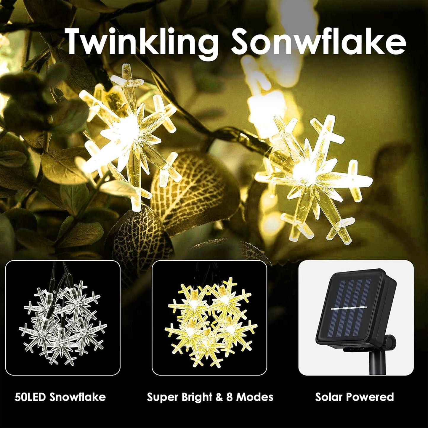 50 LED Solar Snowflake String Lights (Warm White)