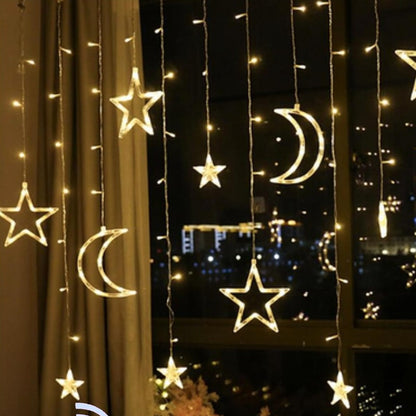 Christmas Moon Star Holiday Curtain Lights 138 LED (Solar/Mains/USB) (Warm White)