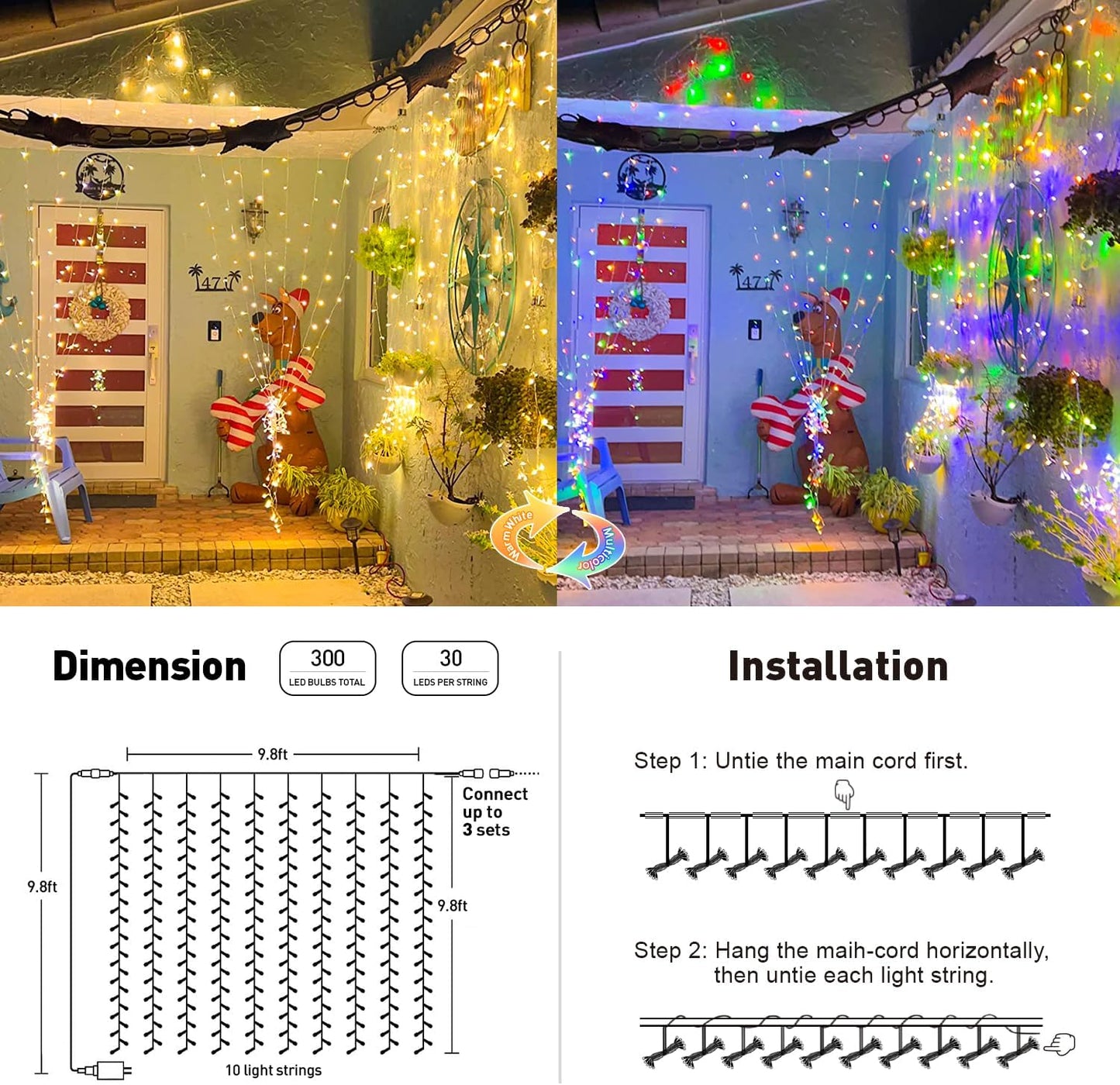 3M 300 LED Dual Colour Changing Curtain Lights (Solar/Mains)