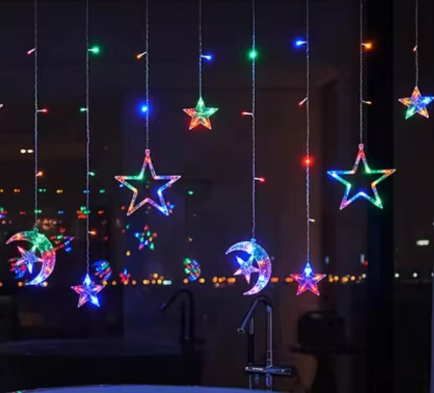 Christmas Ramadan Moon Star Holiday Curtain LED Lights (Solar/Mains) (Colour)