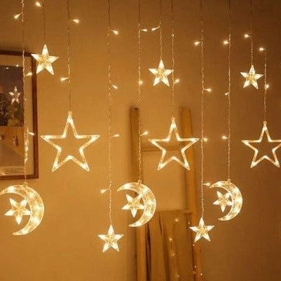 Christmas Ramadan Moon Star Holiday Curtain LED Lights (Solar/Mains) (Warm White)