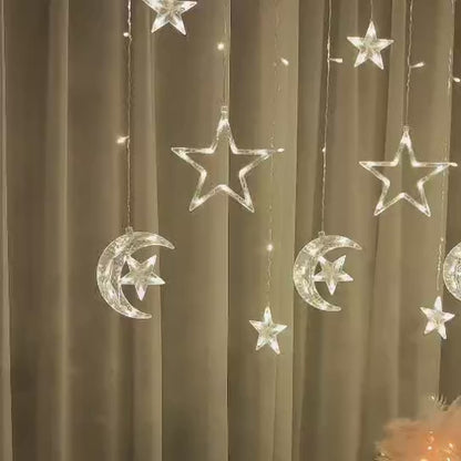 Christmas Ramadan Moon Star Holiday Curtain LED Lights (Solar/Mains) (Warm White)